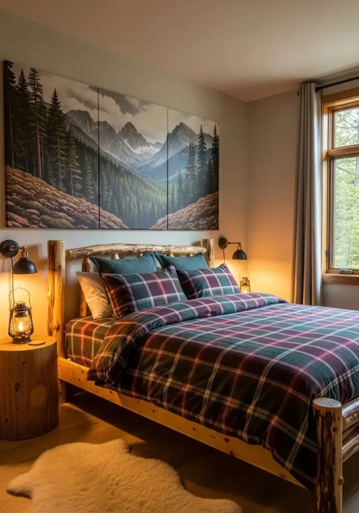 Nature-inspired artwork enhances a cabin bedroom’s peaceful and outdoor-inspired atmosphere.