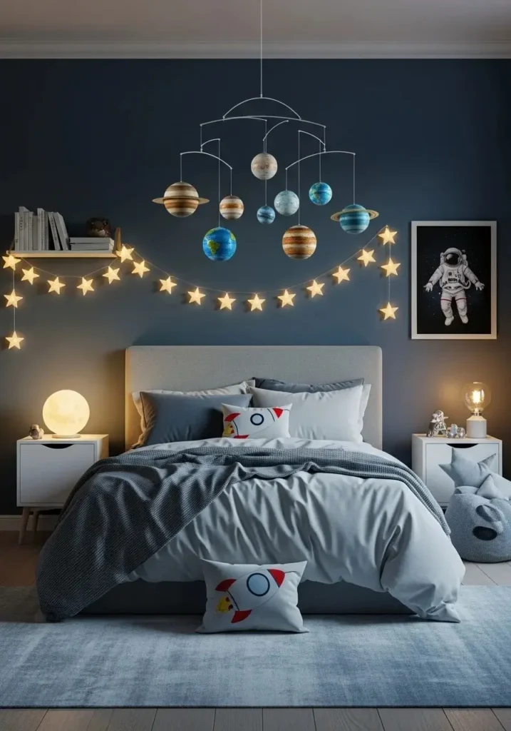 Bedroom with hanging planet mobile creating a floating space effect.