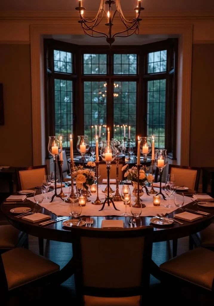 round dining table with layered candle holders