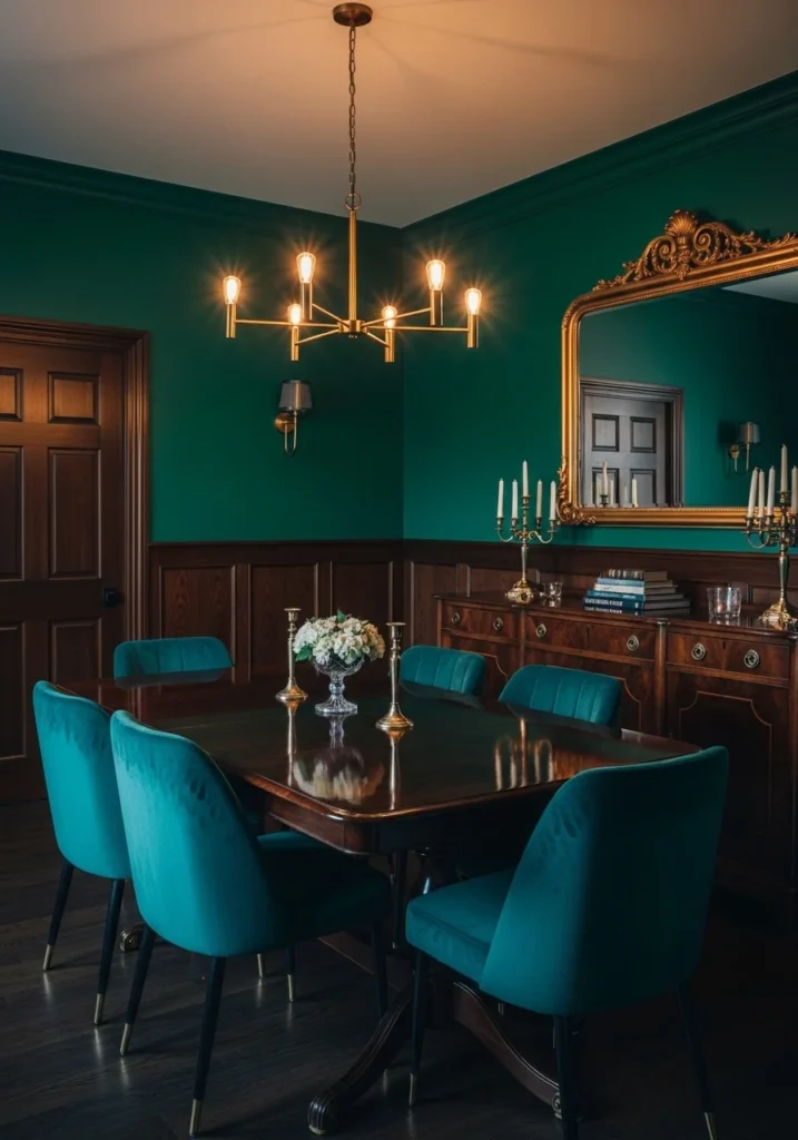 moody dining room with jewel tone walls