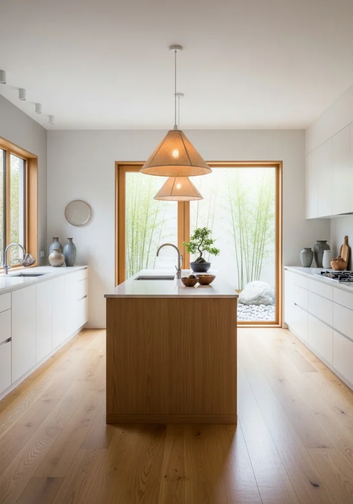 Japandi kitchen with light wood flooring and natural flow