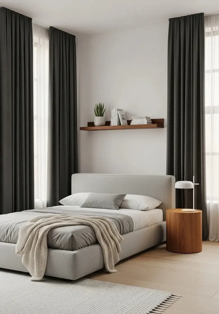 Charcoal minimalist curtains in a sleek modern bedroom.