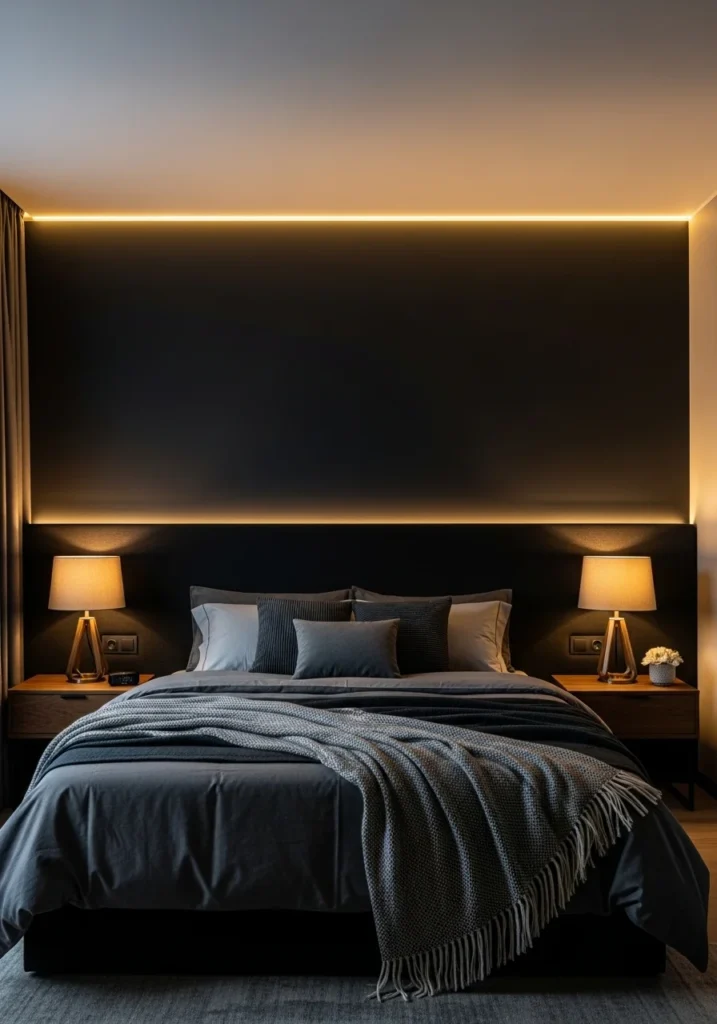 Black accent wall enhanced with soft warm lighting for cozy atmosphere