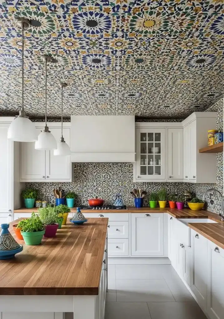 “Kitchen ceiling with decorative patterned tiles adding unique flair
