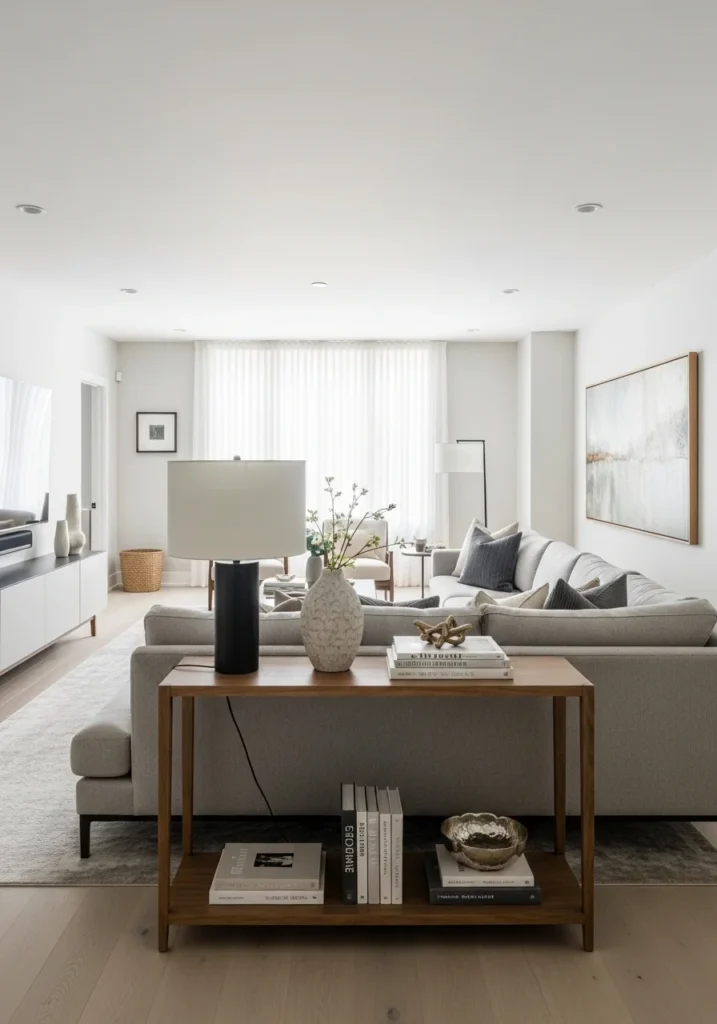 console table divider in long living room layout