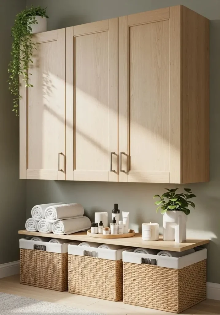 Floating bathroom cabinets with open baskets for towels and accessories