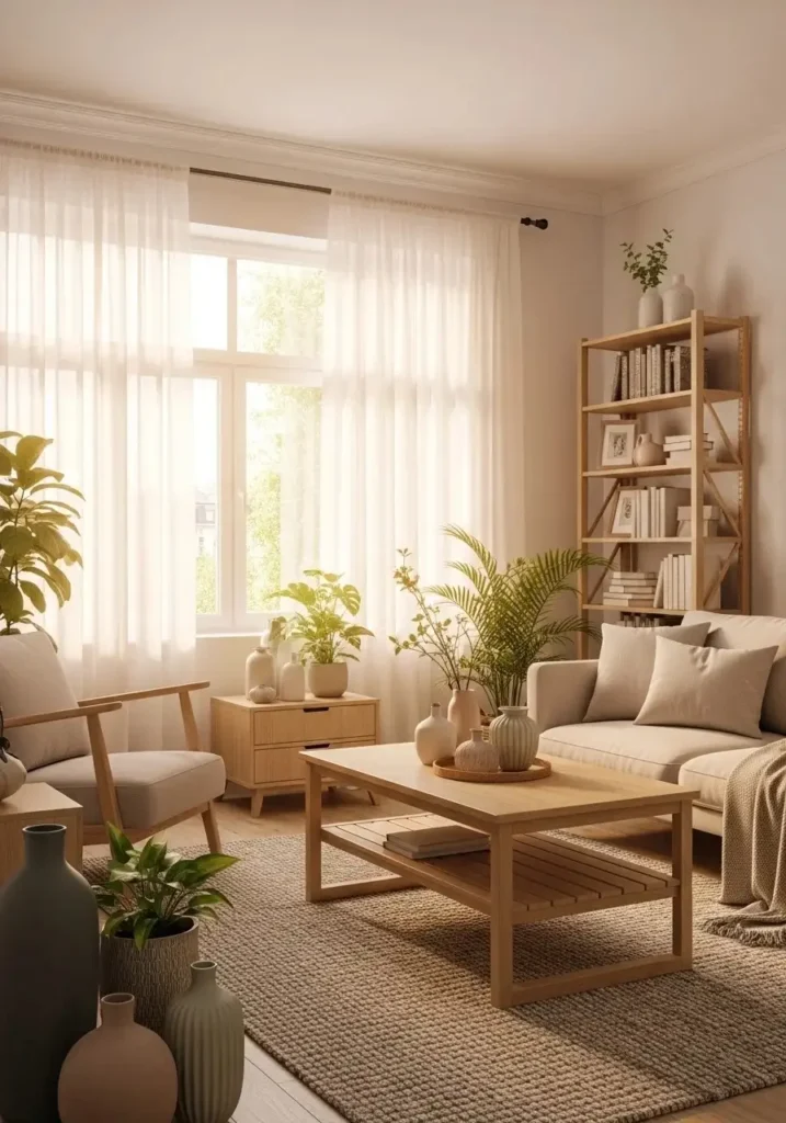 Scandinavian living room with sheer white curtains.
