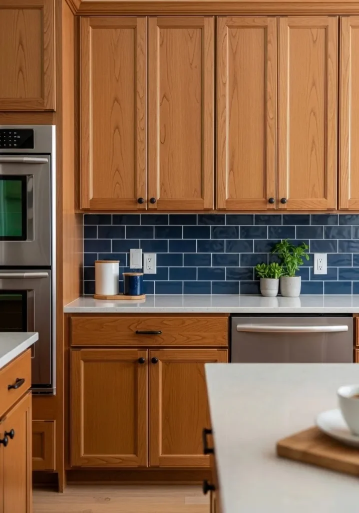 Wood cabinets paired with bold navy backsplash.