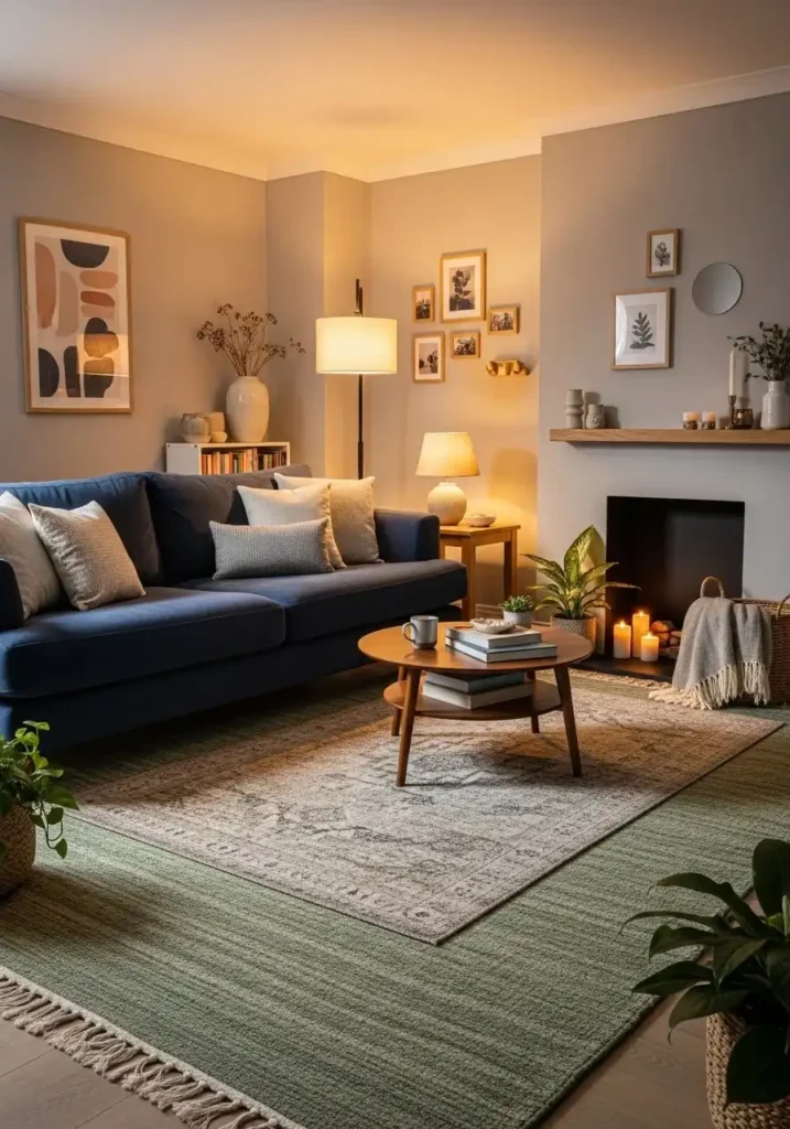Textured rug grounding a navy and sage living room design.