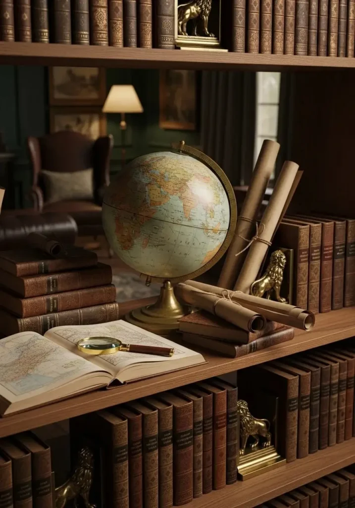 Vintage globes and academic accessories styled in a dark academia living room.