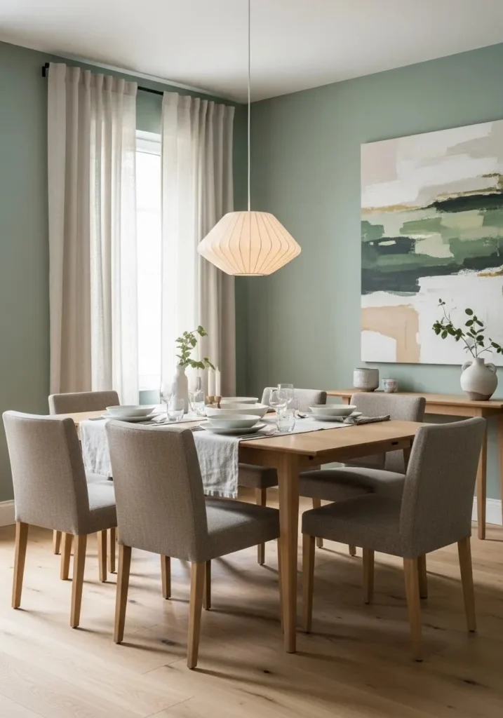 soft sage green dining room with natural wood table and warm lighting