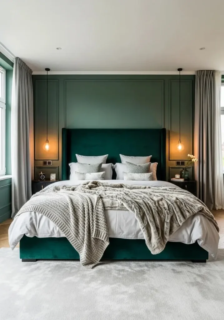 Velvet headboard against green accent wall adds texture and luxury to bedroom.