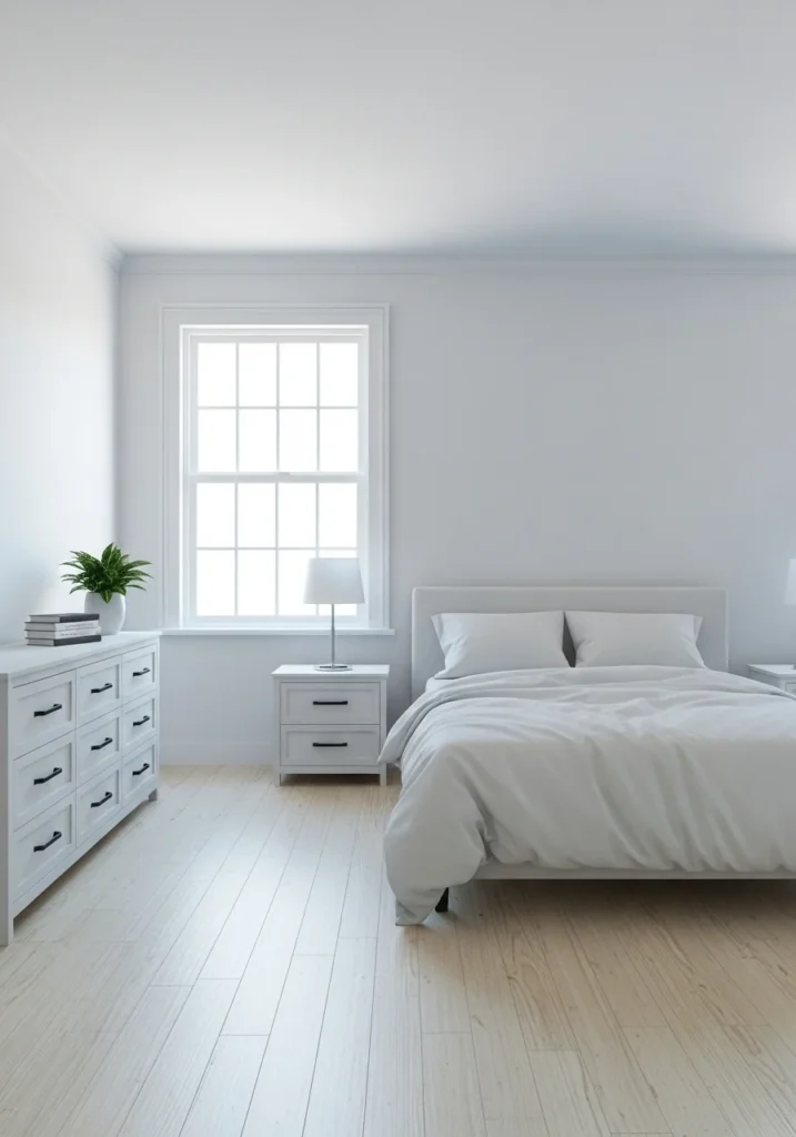 White bedroom furniture with black hardware details.