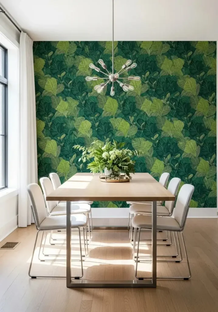 dining room with botanical green wallpaper accent wall