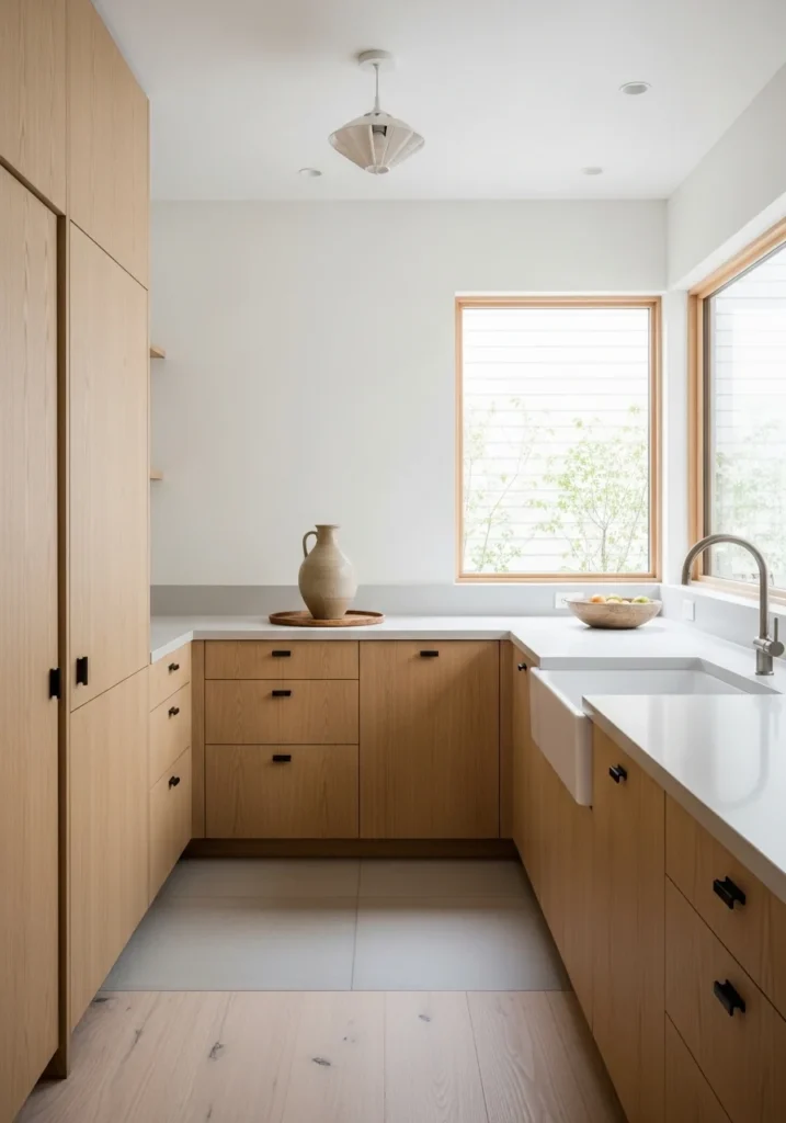 Japandi kitchen with minimal decor and calm styling