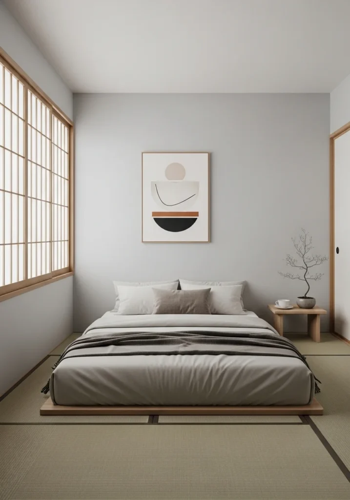 Minimalist artwork on the wall of a Japanese bedroom