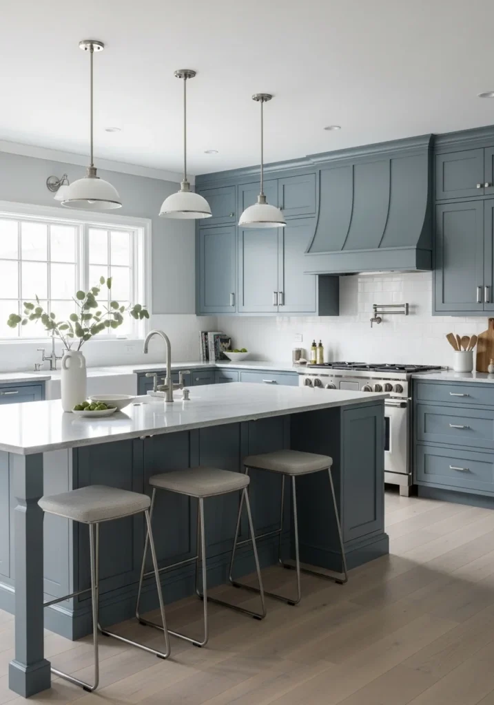 Slate blue cabinets in a subtle, sophisticated kitchen interior.