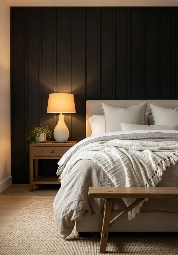 Black shiplap accent wall adding texture and warmth to bedroom