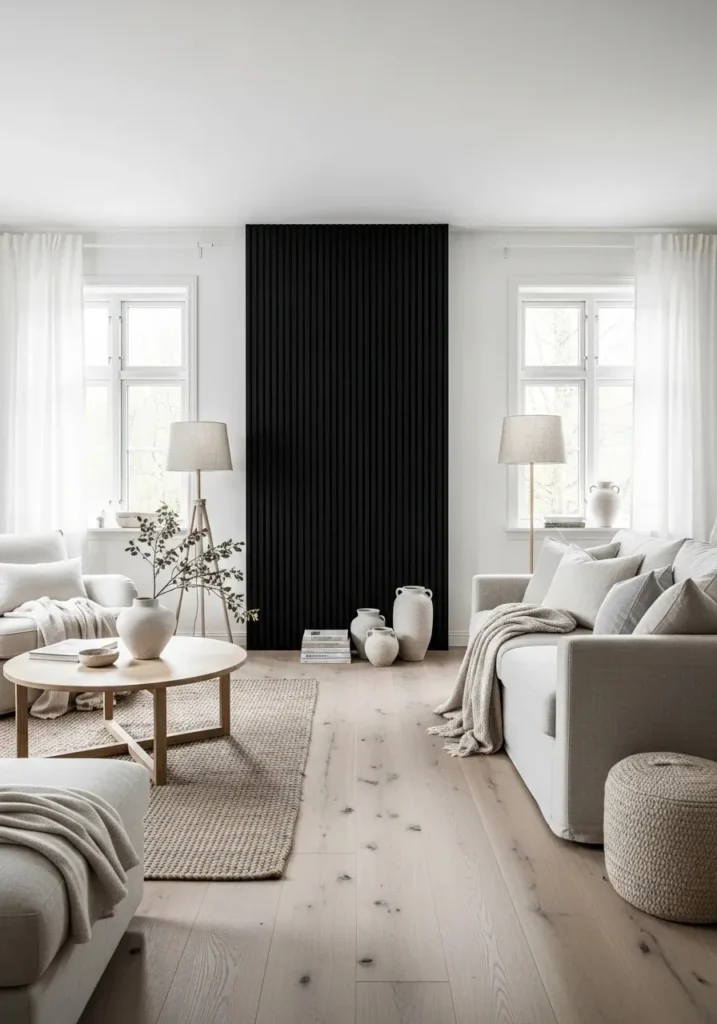 Black wall with wood slats in Scandinavian room.