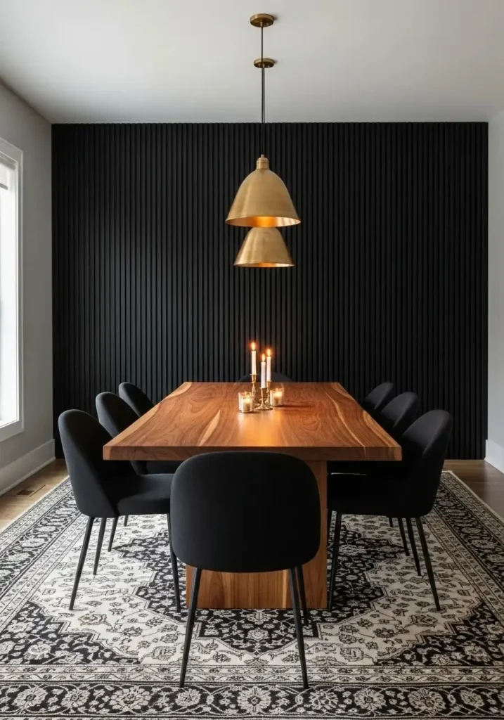 Black slatted wall in dining room.