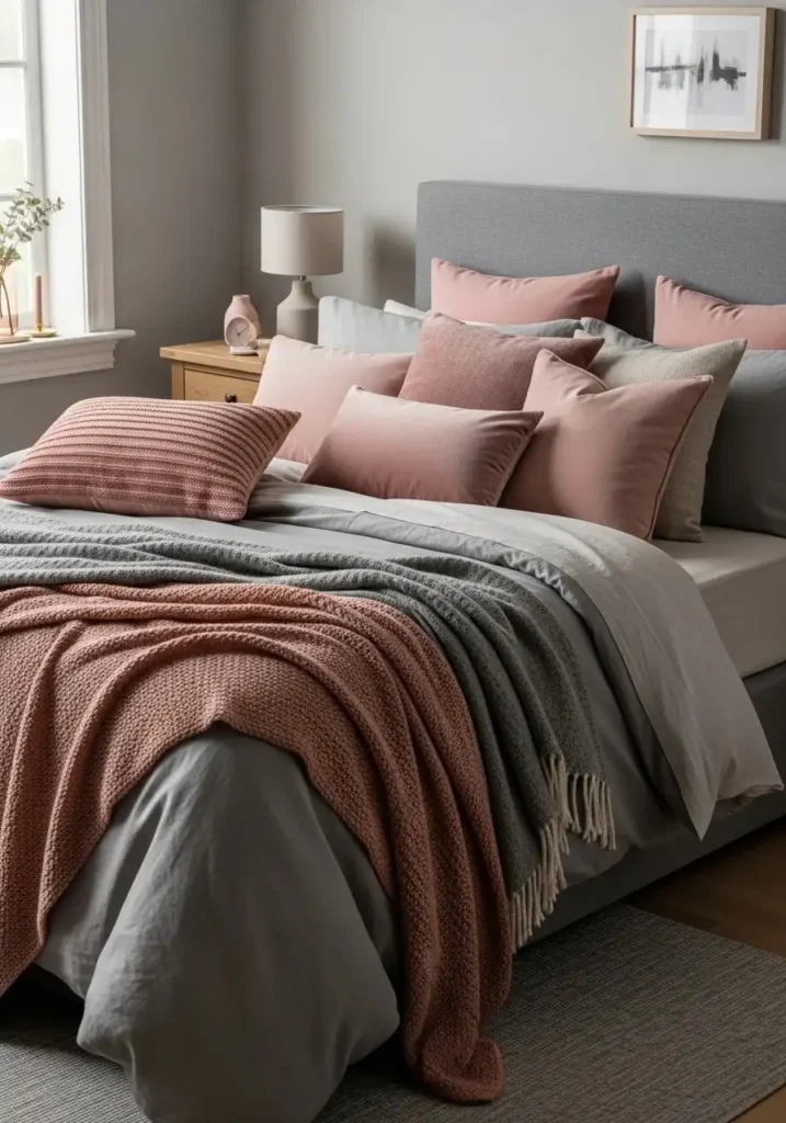 Gray bedding styled with pink throw pillows and layered blankets in a cozy bedroom.