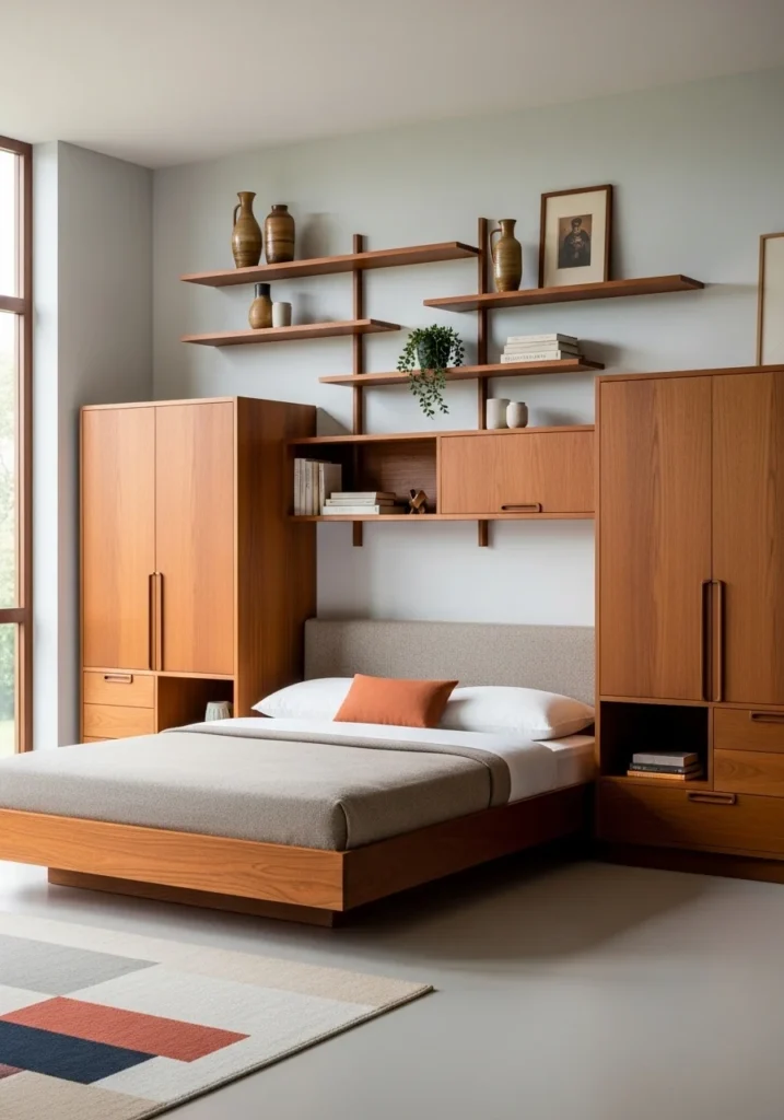mid century bedroom with built in storage