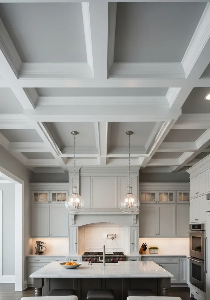 Coffered tray combo ceiling in kitchen adding depth and sophistication.