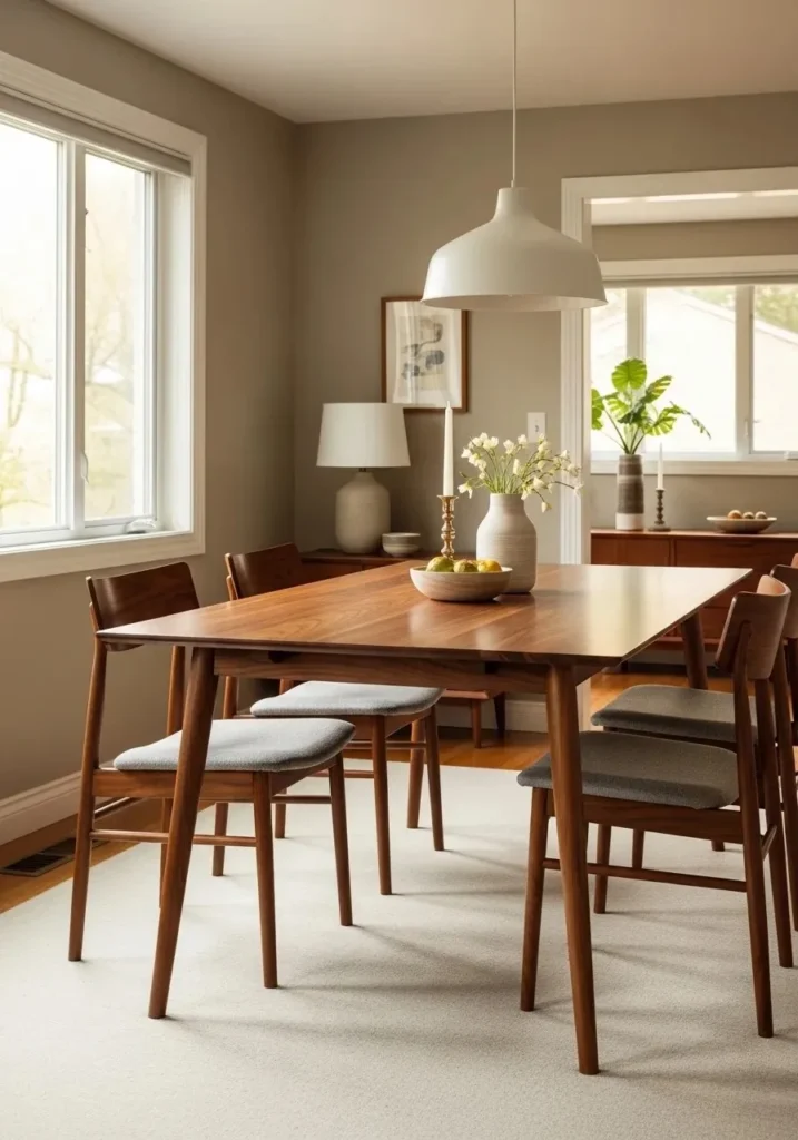 Mid century modern dining room with warm wood dining table and natural tones