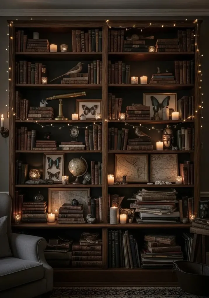 Dark bookshelf with vintage books and curios in a whimsigoth bedroom.