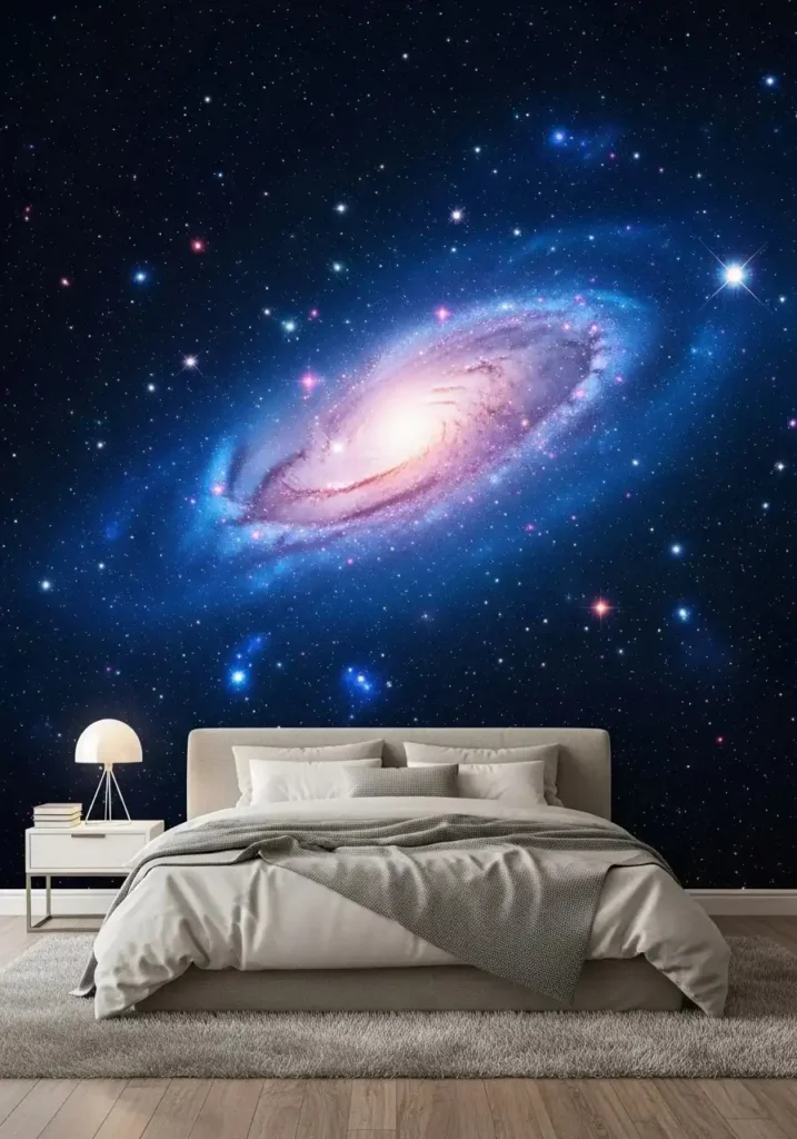 Space themed bedroom with galaxy wall mural in deep blue and purple tones full room view.