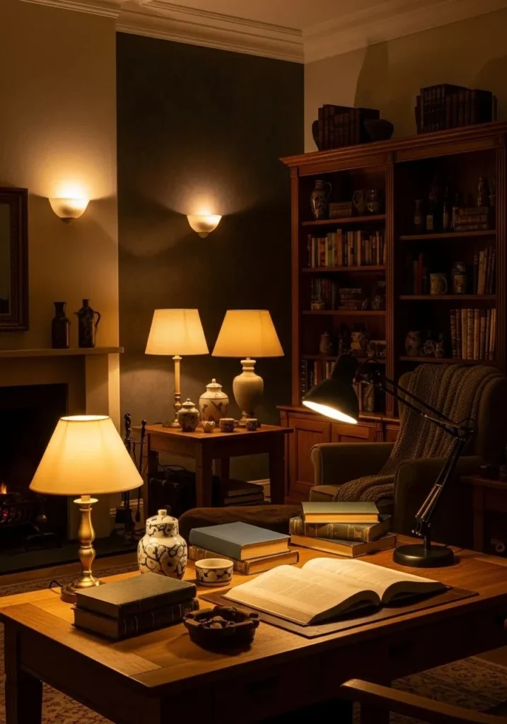 Warm library-style lighting illuminating a dark academia living room.
