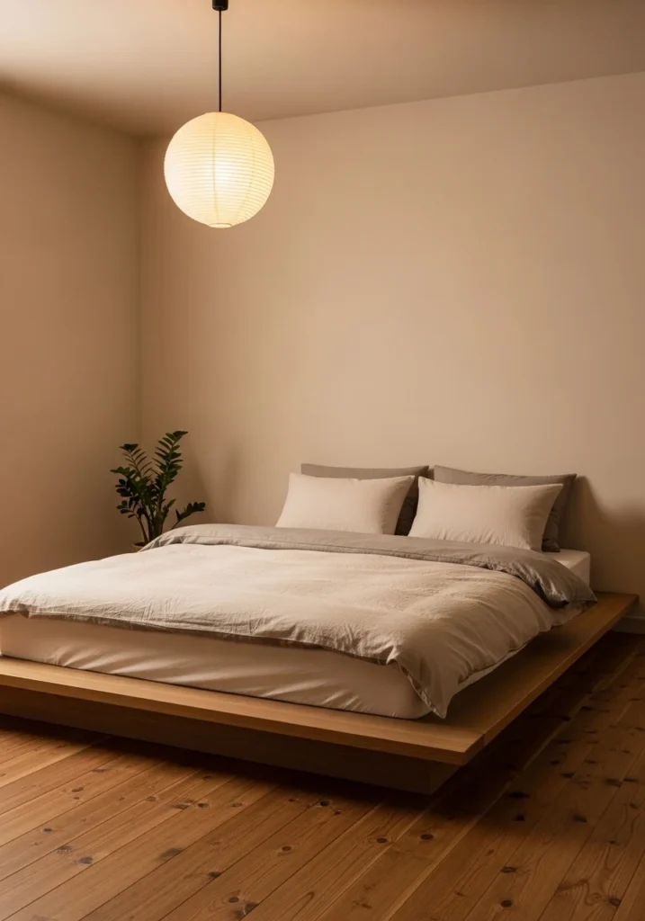 Japanese bedroom with low wooden platform bed and neutral bedding