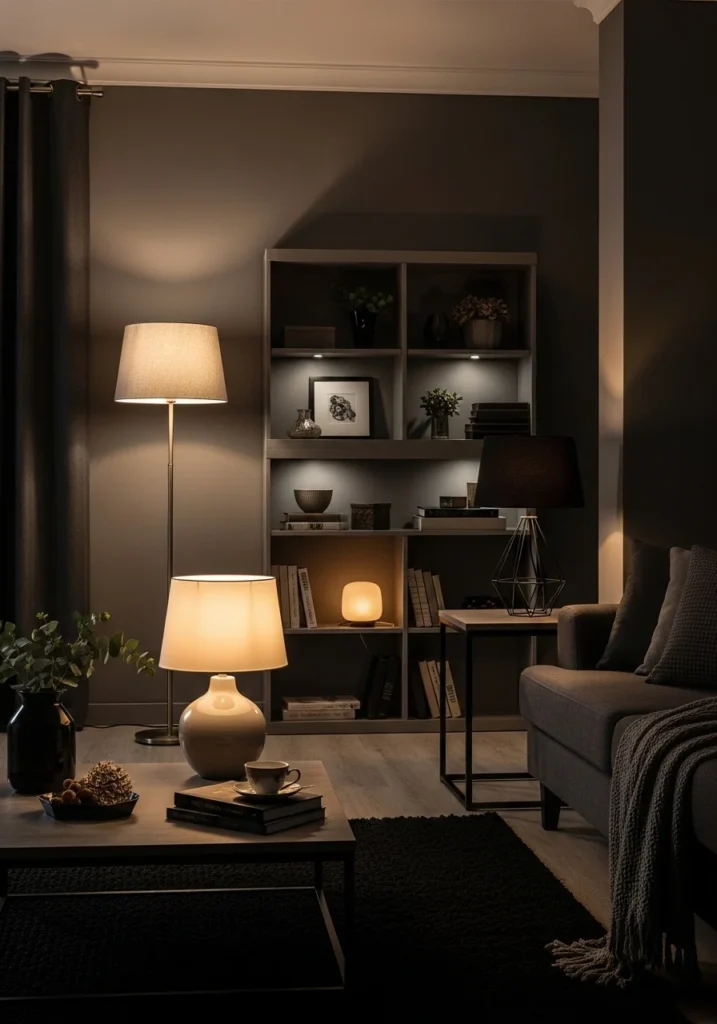 Layered lighting creating a cozy gray and black living room.