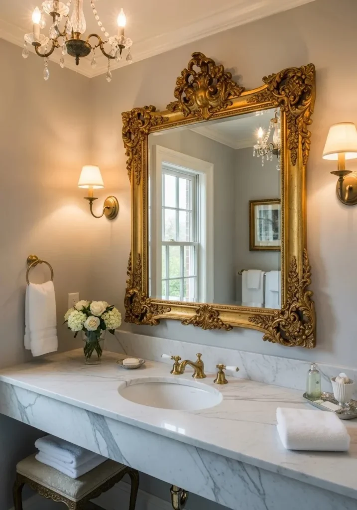 Vintage gold-framed mirror in a classic bathroom setting.