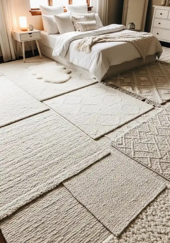 Layered textured white rugs in cozy bedroom.