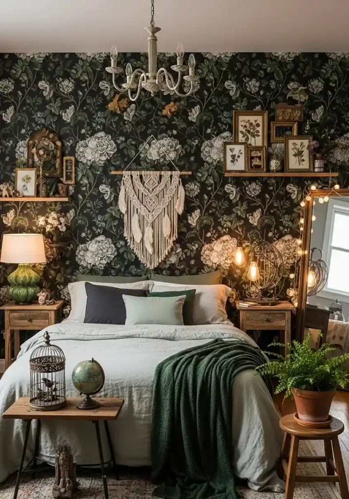 Dark floral wallpaper accent wall in a whimsigoth bedroom with vintage patterns.