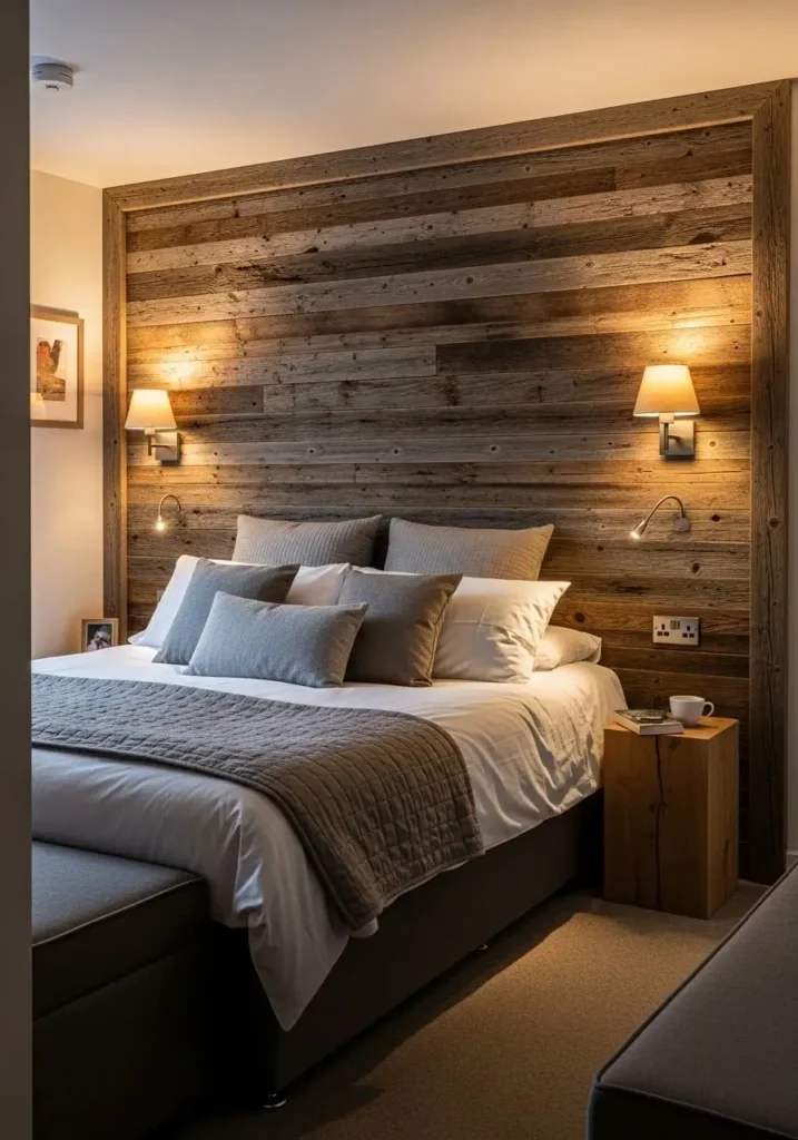Modern bedroom with horizontal light oak wood plank accent wall, minimal furniture, LED strip lighting, sleek contemporary style.