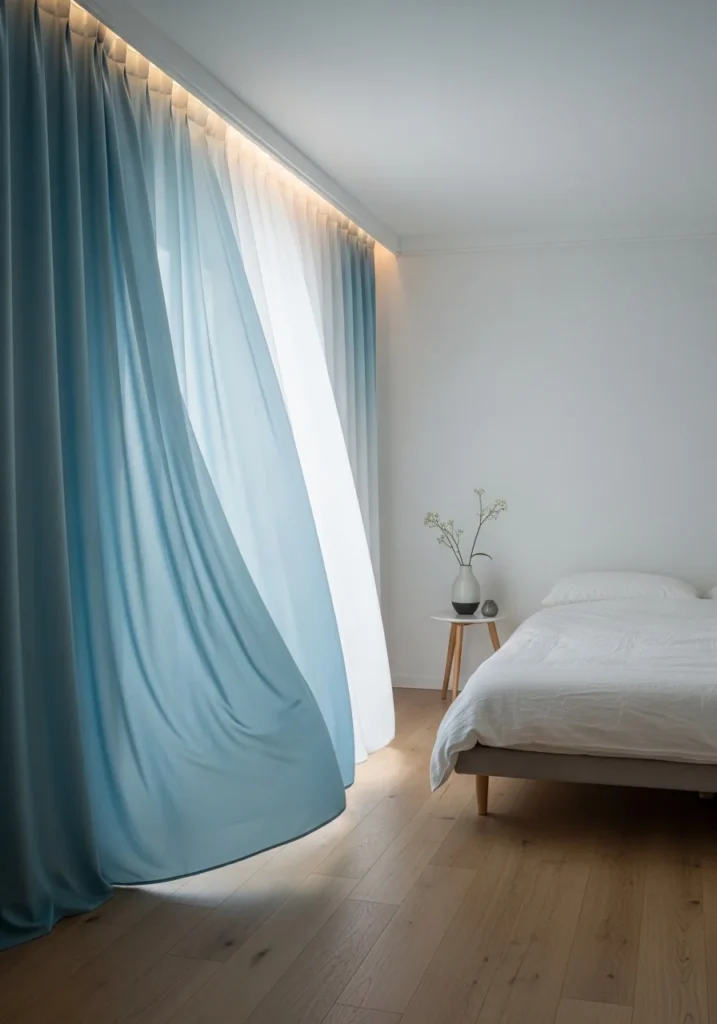 Ombre curtains transitioning from blue to white in a serene bedroom.
