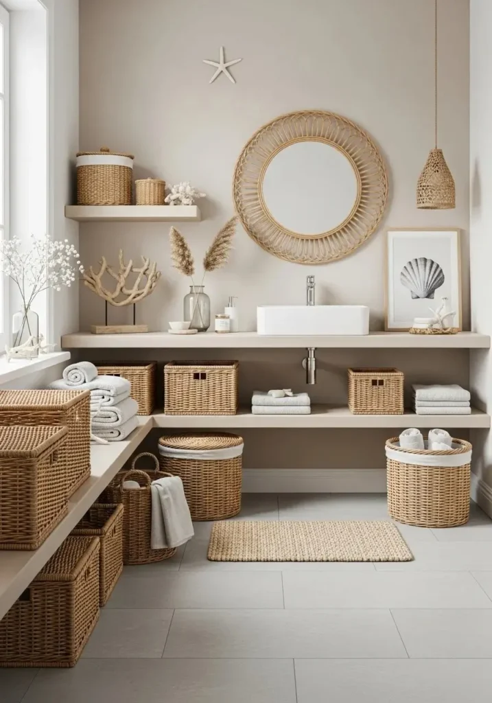 Wicker and rattan accents adding texture to a coastal bathroom
