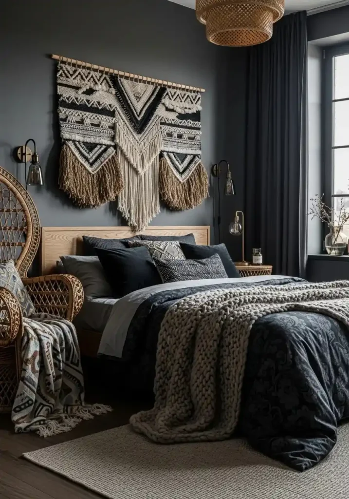 Bohemian accents in dark feminine bedroom