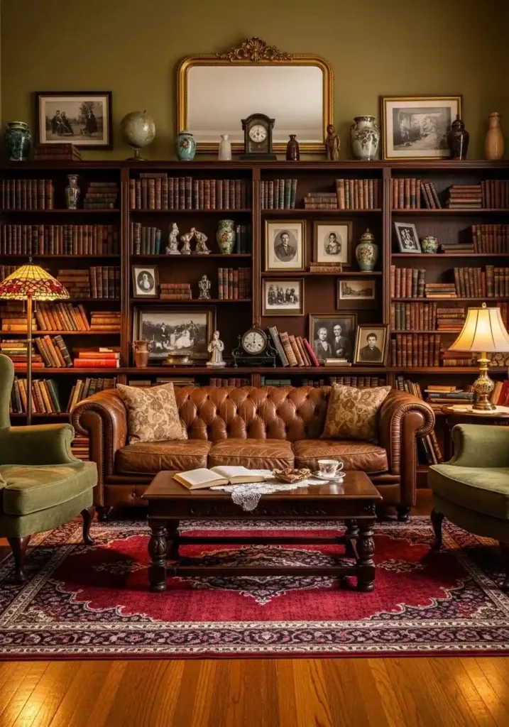 vintage living room wall with antique framed art, botanical prints, gold frames, cozy traditional interior