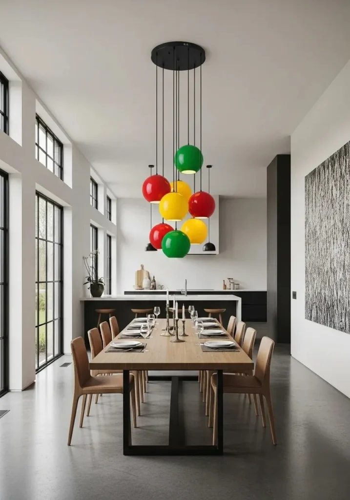 Multiple colorful pendant lights create an artistic statement above the dining table.