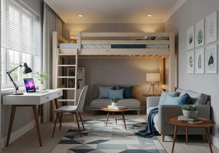 Full view of room with loft bed beautiful look