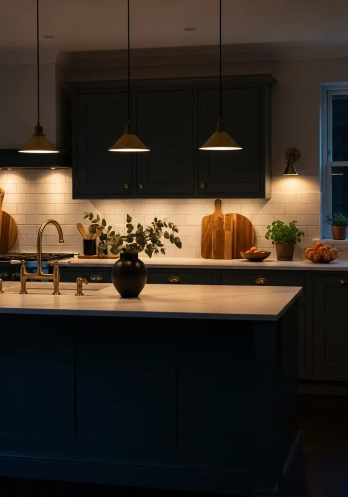 Deep teal kitchen cabinets with gold accents and creamy countertops.