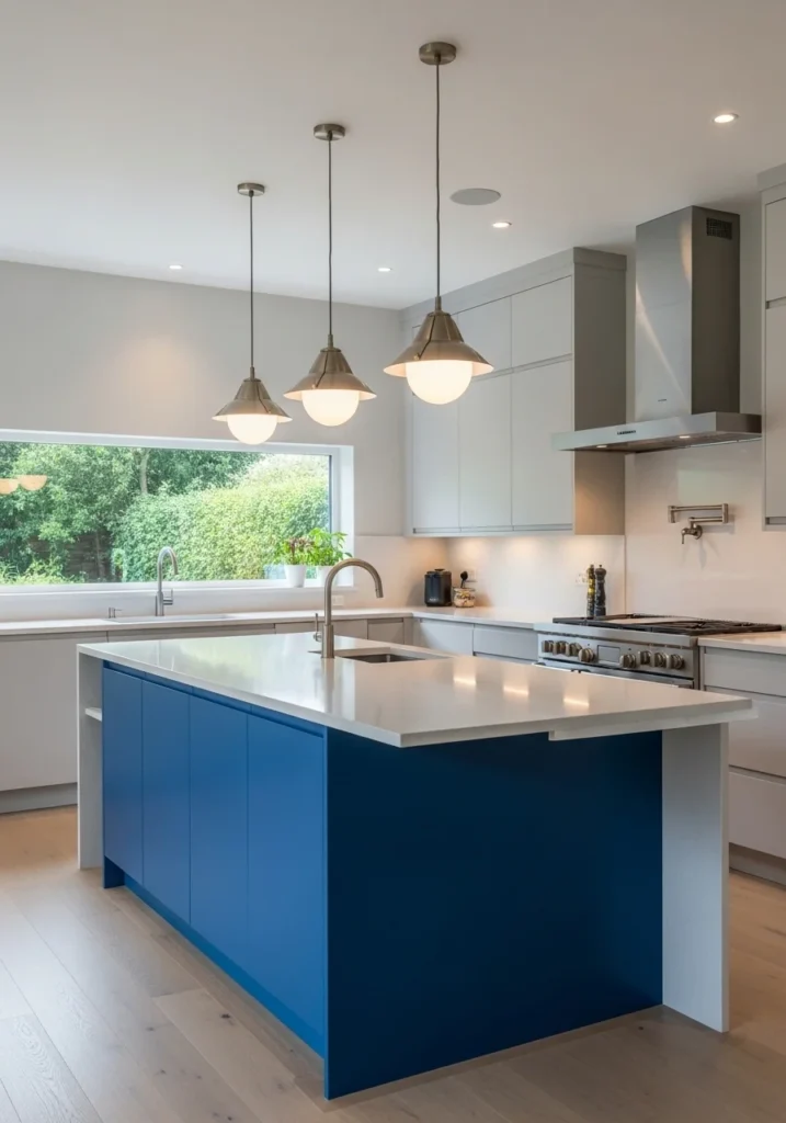 Bold blue kitchen island standing out against white cabinets.