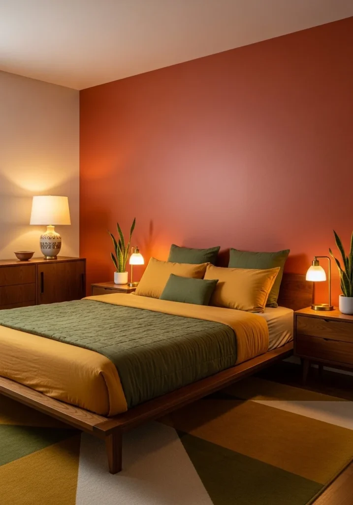 mid century bedroom with earthy color palette