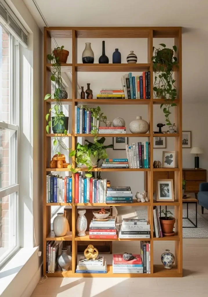 Open shelving unit dividing apartment space