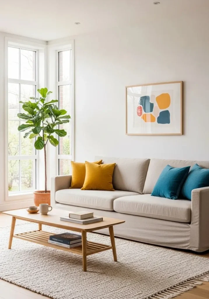 Contemporary living room with neutral walls and colorful accent pillows.