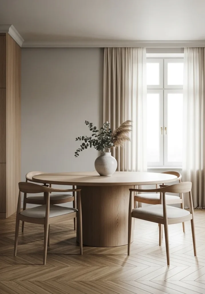 minimalist Japandi round dining table decor