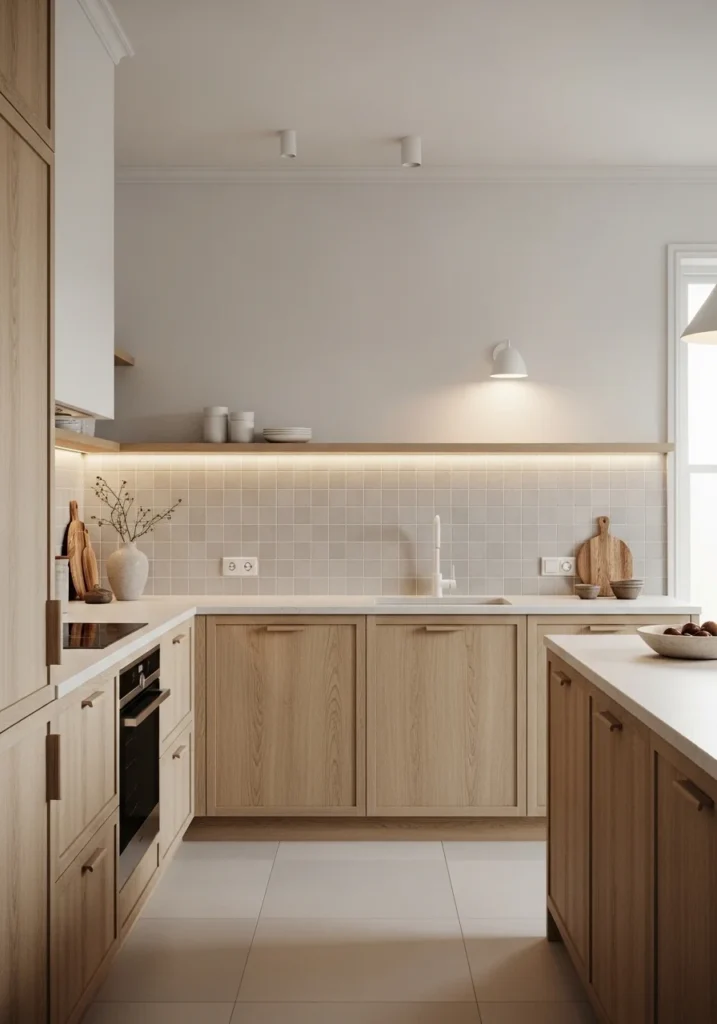 Japandi kitchen with subtle textured backsplash design